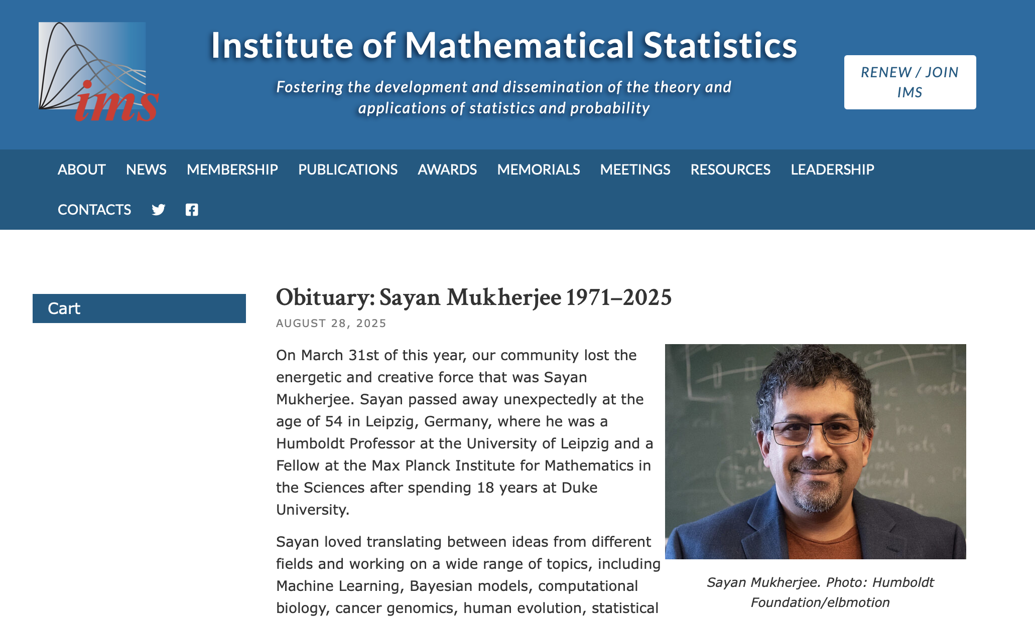 Institute of Mathematical Statistics Obituary